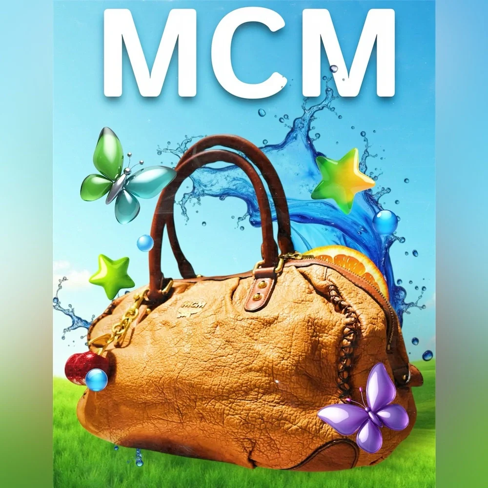 Authentic Vintage MCM shoulder bag soft Tan Leather Satchel with Gold Accents - Picture 3 of 17